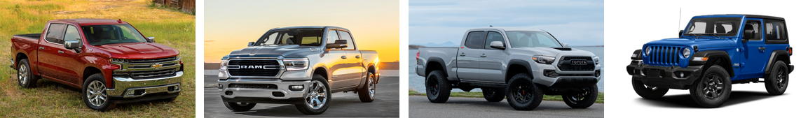 2019 GM Pickup, 2019 Ram Pickup, 2018 Tacoma Pickup, and Blue Jeep